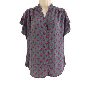 Pleione‎ Gray Pink Flamingo Print Chiffon Top Blouse Shirt Size S Summer Relaxed